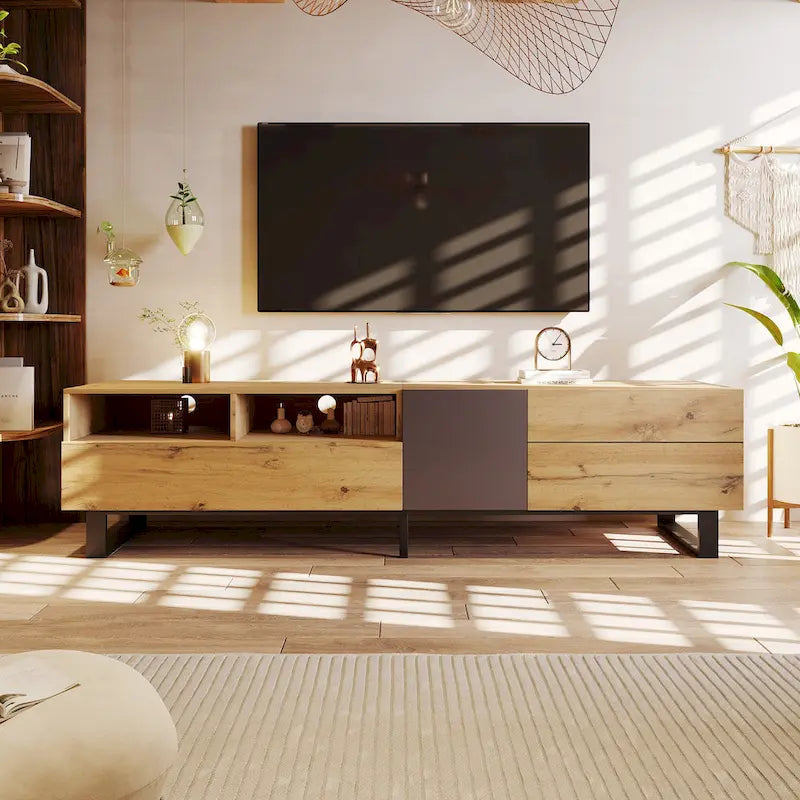 Mobile TV in legno e grigio da 70.9 con contenitore e anta a ribalta per TV fino a 80