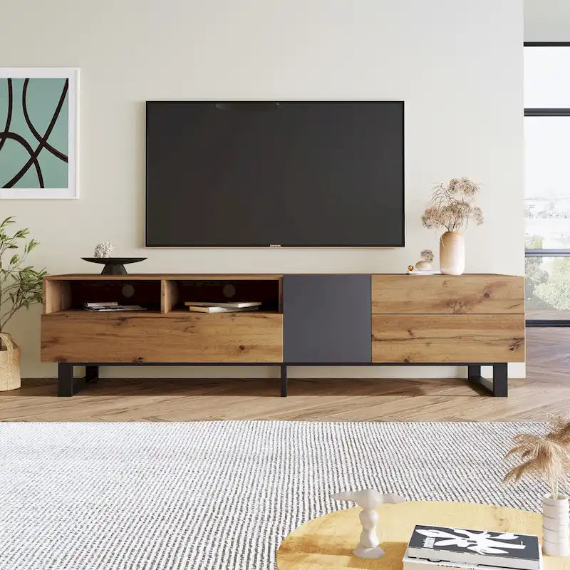 Mobile TV in legno e grigio da 70.9 con contenitore e anta a ribalta per TV fino a 80