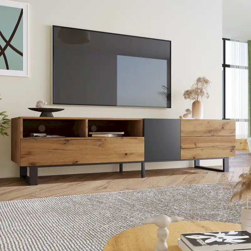 Mobile TV in legno e grigio da 70.9 con contenitore e anta a ribalta per TV fino a 80