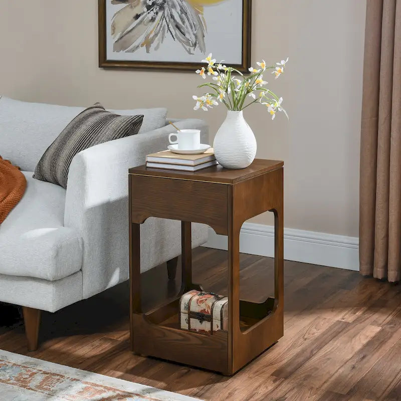 Tavolino laterale moderno di metà secolo con piano sollevabile, piccolo tavolino da divano rialzabile con ripiano contenitore, comodino in legno