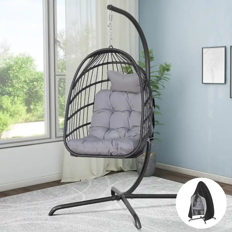 Cadeira suspensa tipo ovo para interior com suporte, cadeira suspensa tipo ovo de 350 lbs com suporte, rede de vime para pátio exterior com suporte