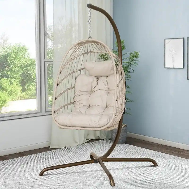 Cadeira suspensa tipo ovo para interior com suporte, cadeira suspensa tipo ovo de 350 lbs com suporte, rede de vime para pátio exterior com suporte