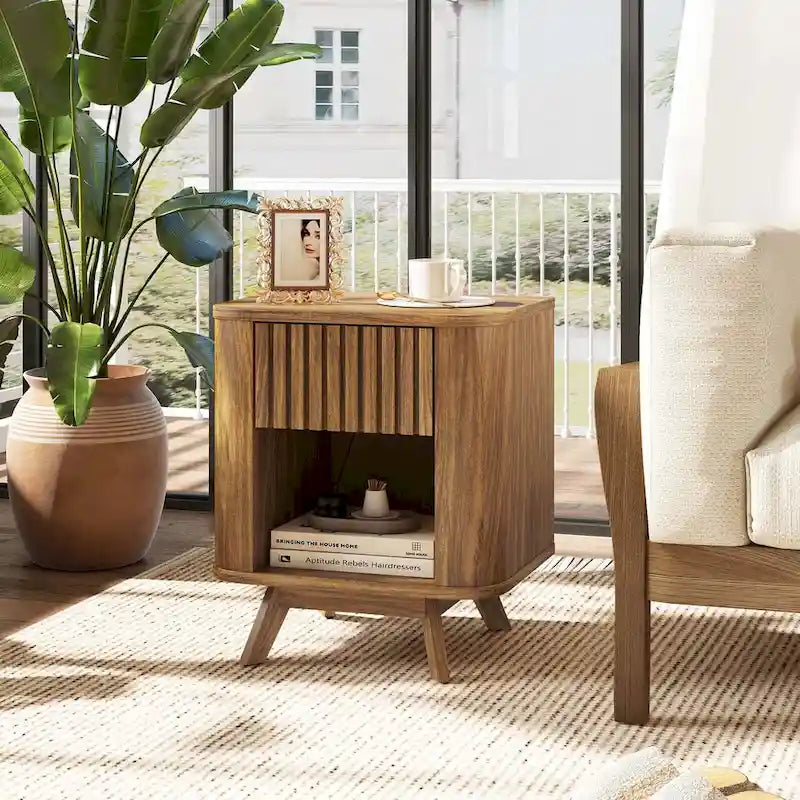 Costway 1/2 PCS Wood Nightstand with Drawer & Open Shelf Storage Home