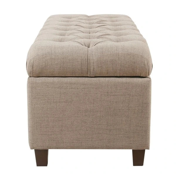 Banc de rangement en tissu beige avec capitonnage à boutons