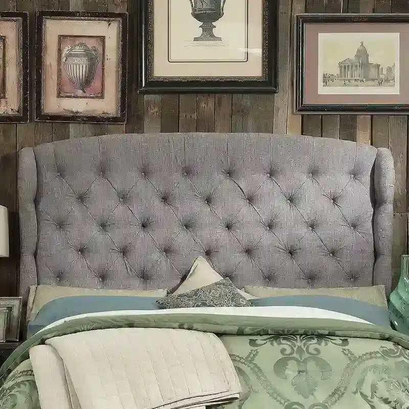 Tapicerowany pikowany zagłówek ze skrzydłami, queen size, szary
