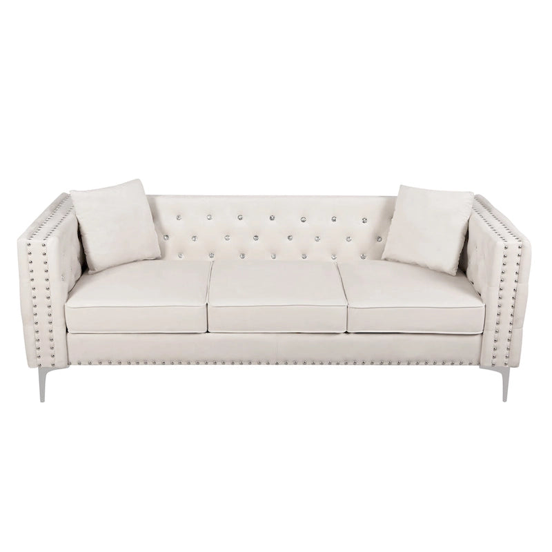 Canapé moderne en velours de 82.3 de largeur, boutons ornés, accoudoirs carrés capitonnés, 2 coussins inclus, beige, 4 couleurs