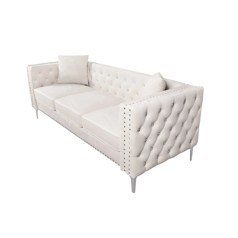 Canapé moderne en velours de 82.3 de largeur, boutons ornés, accoudoirs carrés capitonnés, 2 coussins inclus, beige, 4 couleurs