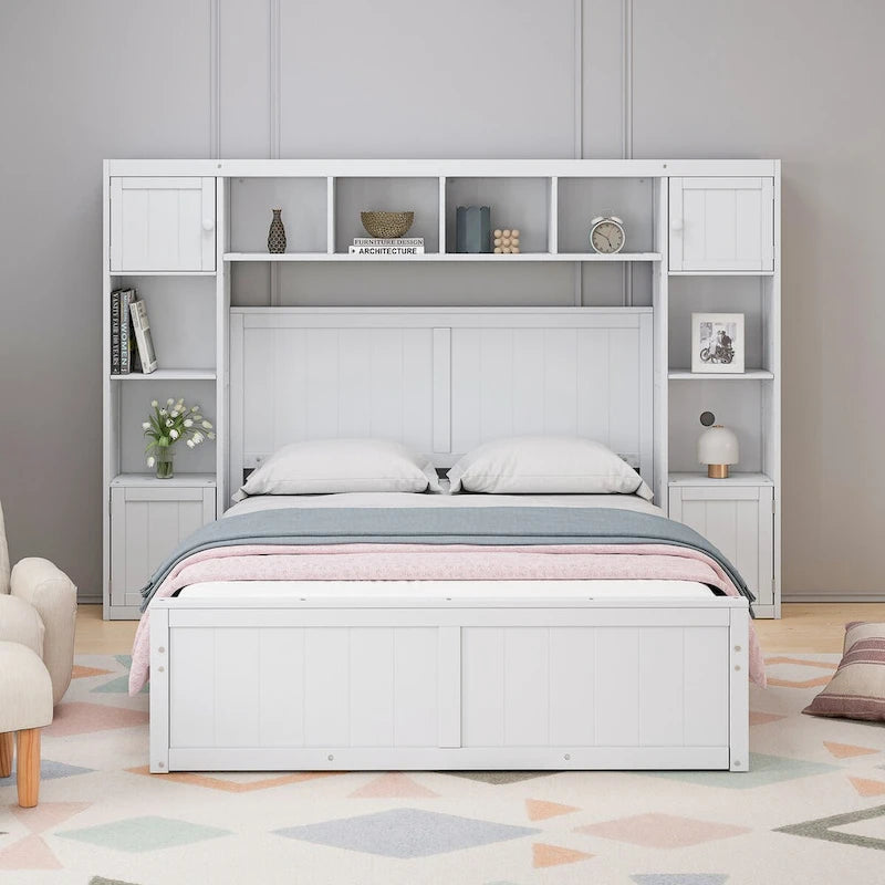 Holzbett in Full-Size mit All-in-One-Schrank und Regal