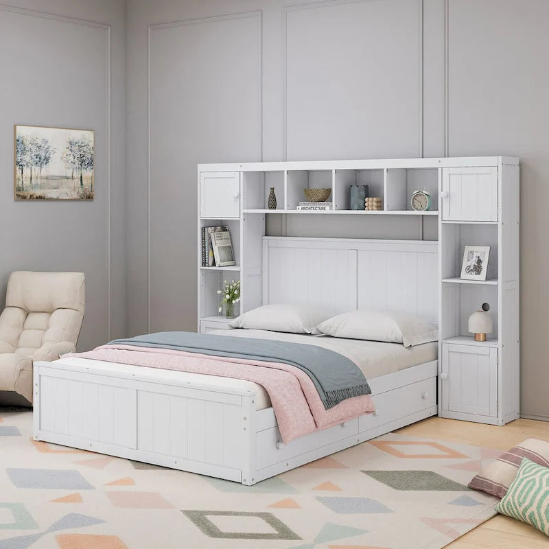Holzbett in Full-Size mit All-in-One-Schrank und Regal