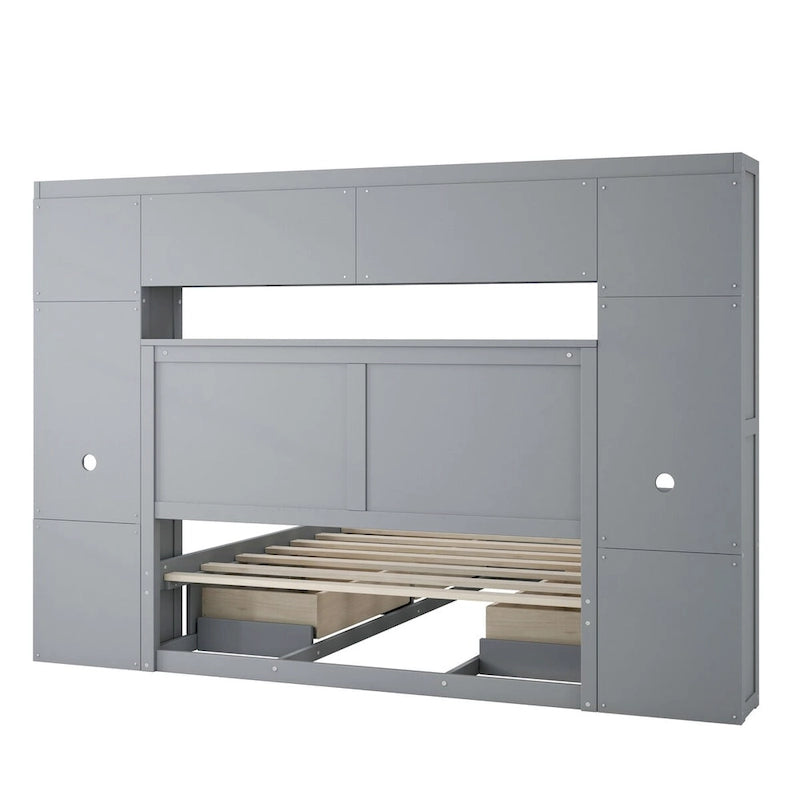 Holzbett in Full-Size mit All-in-One-Schrank und Regal