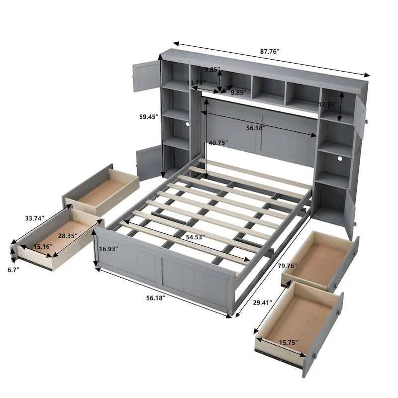 Holzbett in Full-Size mit All-in-One-Schrank und Regal