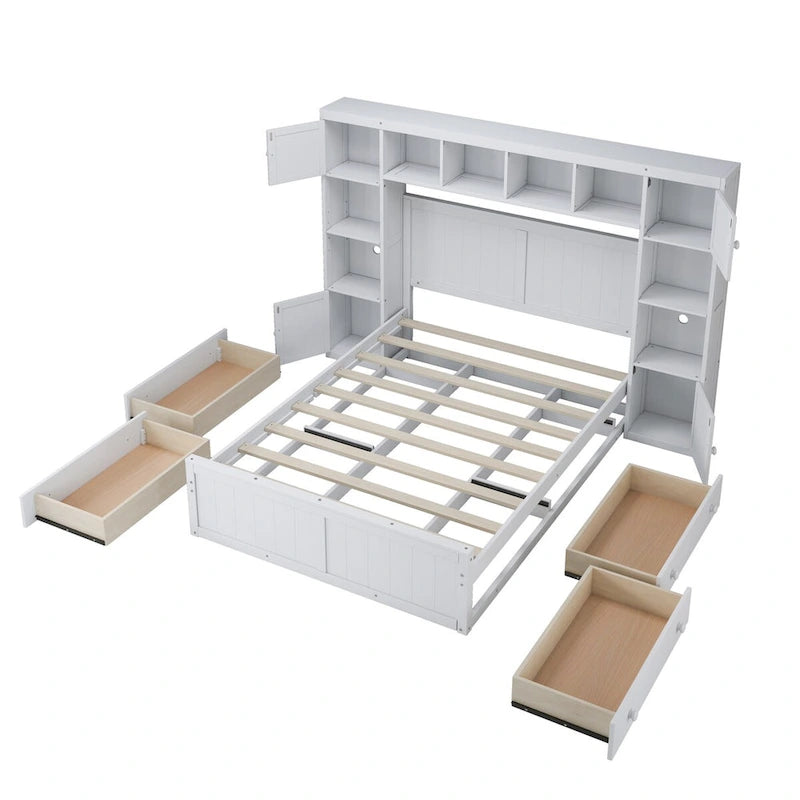 Holzbett in Full-Size mit All-in-One-Schrank und Regal