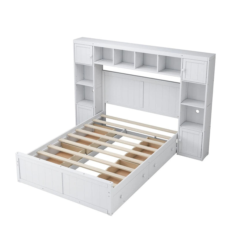 Holzbett in Full-Size mit All-in-One-Schrank und Regal