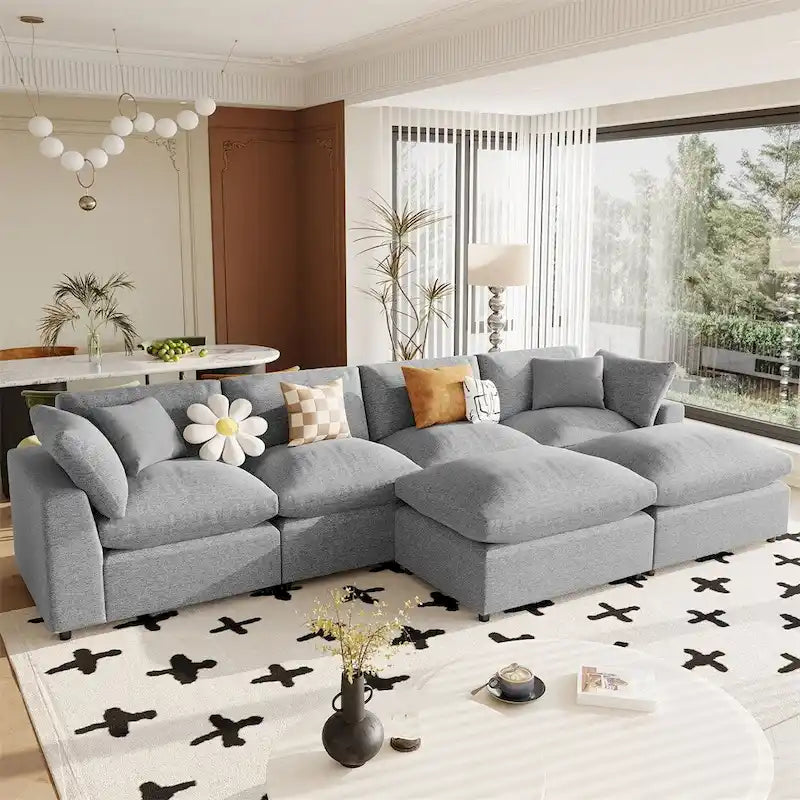 Divano componibile moderno a U, 2 chaise longue grandi con pouf rimovibili