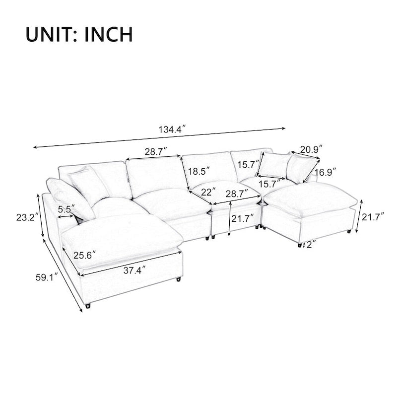 Divano componibile moderno a U, 2 chaise longue grandi con pouf rimovibili