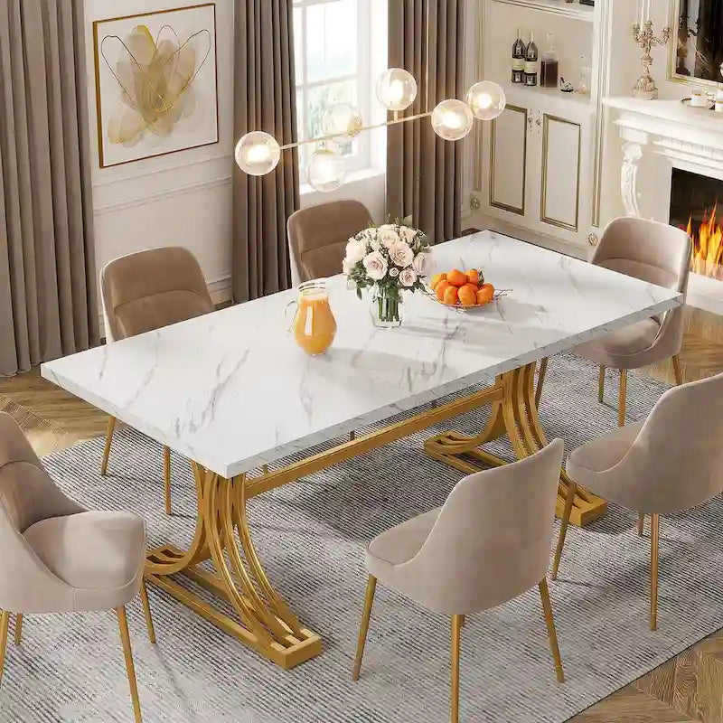 Tavolo da pranzo moderno 63 con piano effetto marmo e struttura dorata per cucina e sala da pranzo
