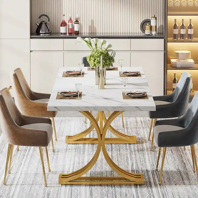 Tavolo da pranzo moderno 63 con piano effetto marmo e struttura dorata per cucina e sala da pranzo