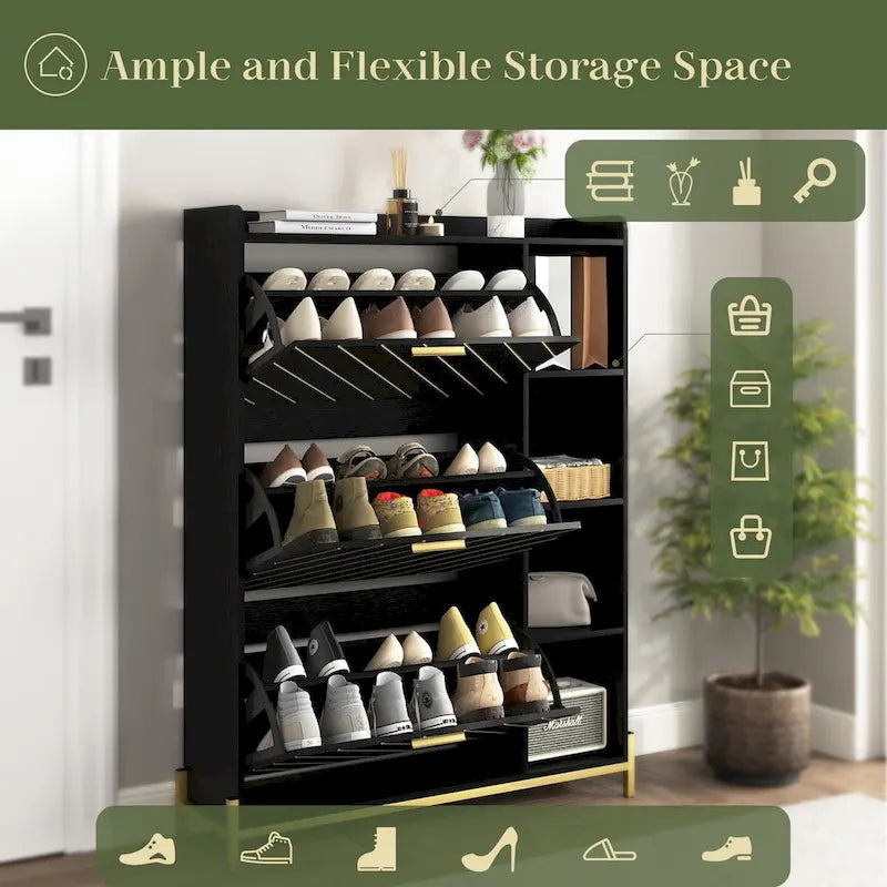 Scarpiera con 3 cassetti ribaltabili e ripiani aperti, mobile contenitore per scarpe da ingresso sottile e stretto, portascarpe nascosto per tacchi e stivali