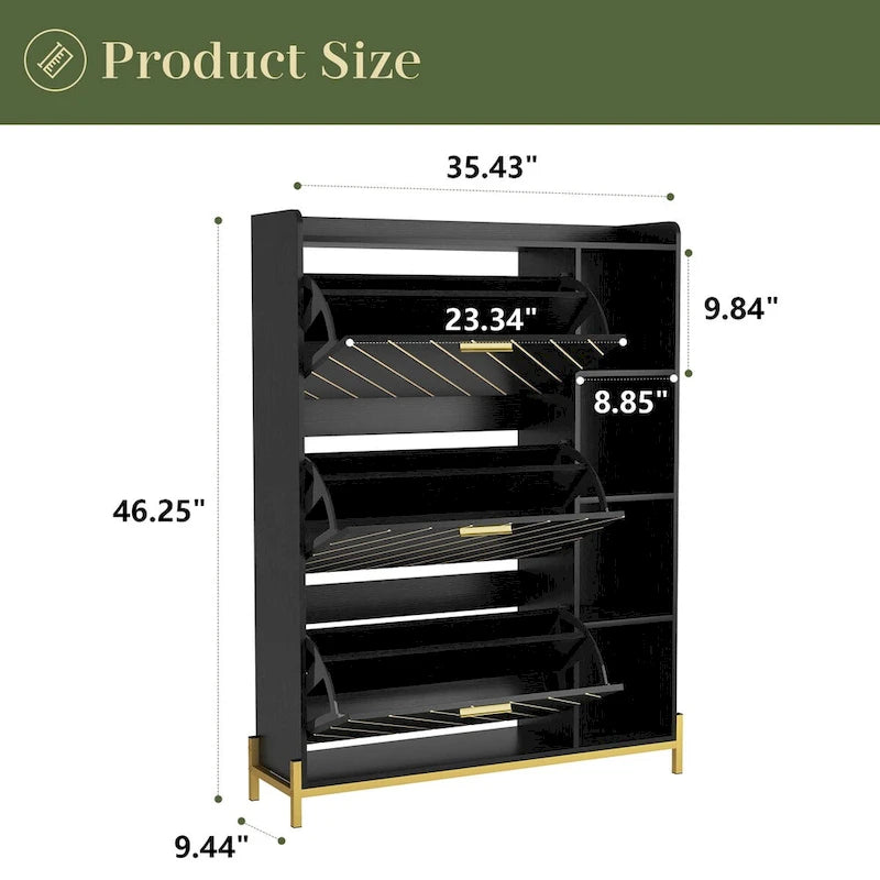 Schuhschrank mit 3 Klappschubladen und offenen Regalen, schmaler Schuhschrank für den Eingangsbereich, schmaler Schuhschrank mit verborgenem Stauraum für Absatzschuhe und Stiefel