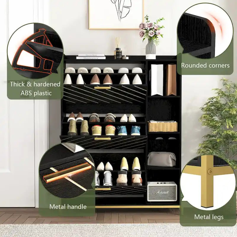 Scarpiera con 3 cassetti ribaltabili e ripiani aperti, mobile contenitore per scarpe da ingresso sottile e stretto, portascarpe nascosto per tacchi e stivali