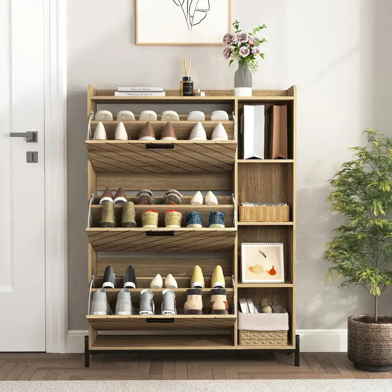 Schuhschrank mit 3 Klappschubladen und offenen Regalen, schmaler Schuhschrank für den Eingangsbereich, schmaler Schuhschrank mit verborgenem Stauraum für Absatzschuhe und Stiefel