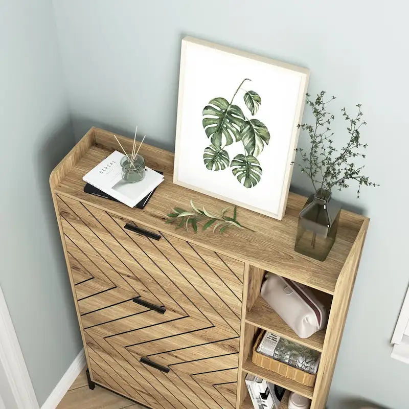 Schuhschrank mit 3 Klappschubladen und offenen Regalen, schmaler Schuhschrank für den Eingangsbereich, schmaler Schuhschrank mit verborgenem Stauraum für Absatzschuhe und Stiefel