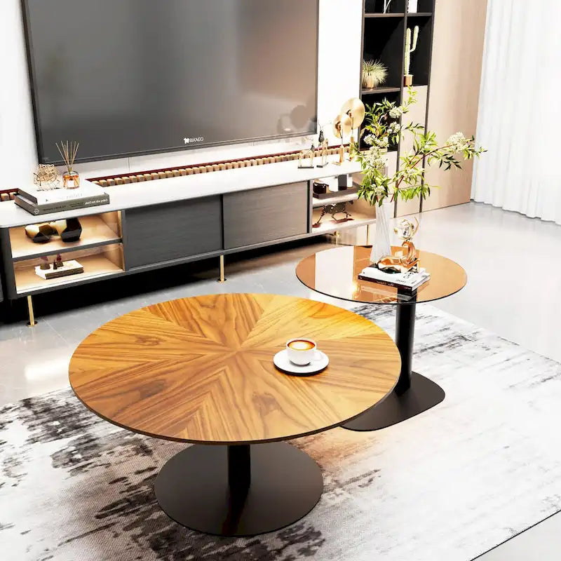 Set di 2 tavolini moderni rotondi da caffè e laterali sovrapponibili con piano in vetro ardesia